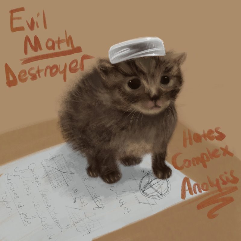 A fluffy brown tabby kitten with a plastic bottle cap balanced on its head, sitting on a page of handwritten calculus notes. Hand-lettered text reads "Evil Math Destroyer" and "Hates Complex Analysis".