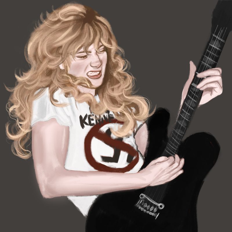 A blonde, curly-haired guitarist mid-solo with eyes screwed shut, playing a black electric guitar. Their white t-shirt carries a crossed-out swastika — the anti-nazi design.
