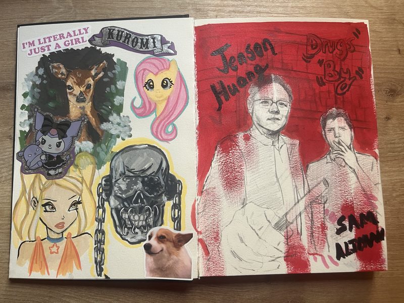 A sketchbook open flat on a wooden table. The left page is a collage: a painted deer, a Kuromi sticker, a pastel pony head, a doll-like blonde girl, a chained skull, a corgi, and hand-lettering reading "I'm literally just a girl". The right page, washed in red, holds two drawn portraits labelled Jensen Huang and Sam Altman.